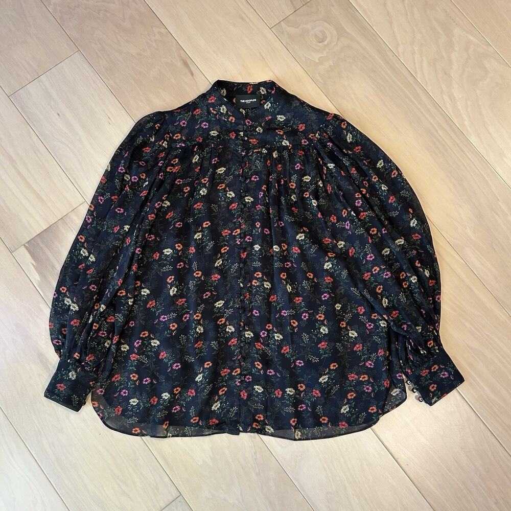 The Kooples Paris Black Floral Semi-Sheer Button Up Blouse Long Sleeve Women’s 2